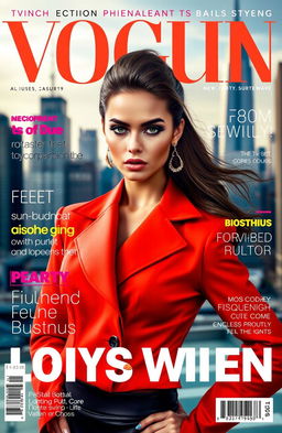 A vibrant and stylish magazine cover featuring a strong female model with striking features, wearing an elegant, high-fashion outfit in a bold color