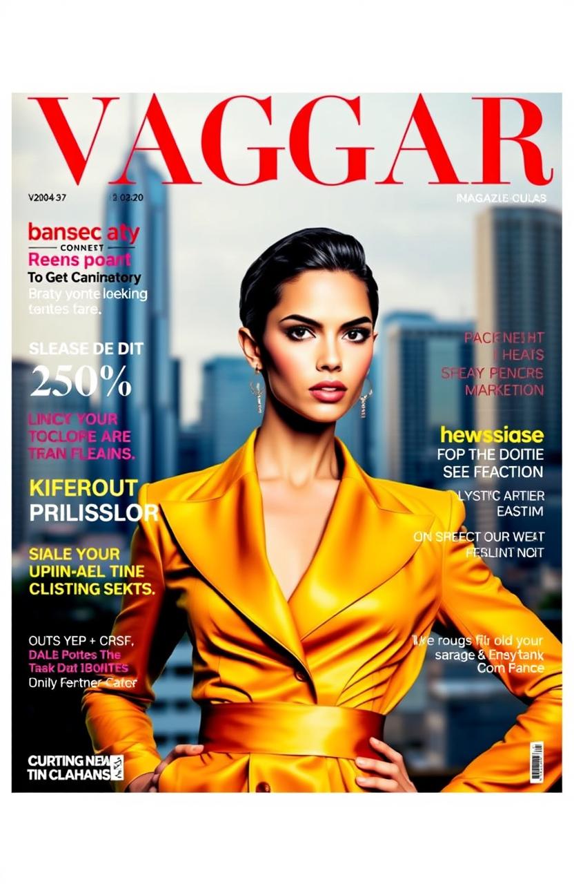 A vibrant and stylish magazine cover featuring a strong female model with striking features, wearing an elegant, high-fashion outfit in a bold color