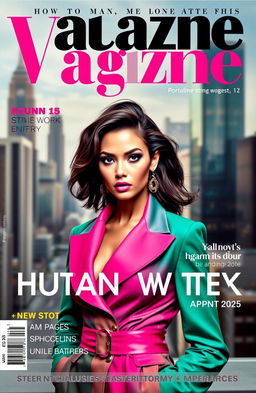 A vibrant and stylish magazine cover featuring a strong female model with striking features, wearing an elegant, high-fashion outfit in a bold color