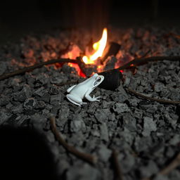 A white-colored frog skillfully camouflaged within the ashes of a dying campfire, the embers glowing softly in the background