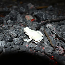 A white-colored frog skillfully camouflaged within the ashes of a dying campfire, the embers glowing softly in the background