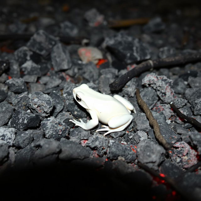 A white-colored frog skillfully camouflaged within the ashes of a dying campfire, the embers glowing softly in the background