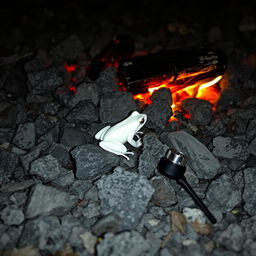 A white-colored frog skillfully camouflaged within the ashes of a dying campfire, the embers glowing softly in the background