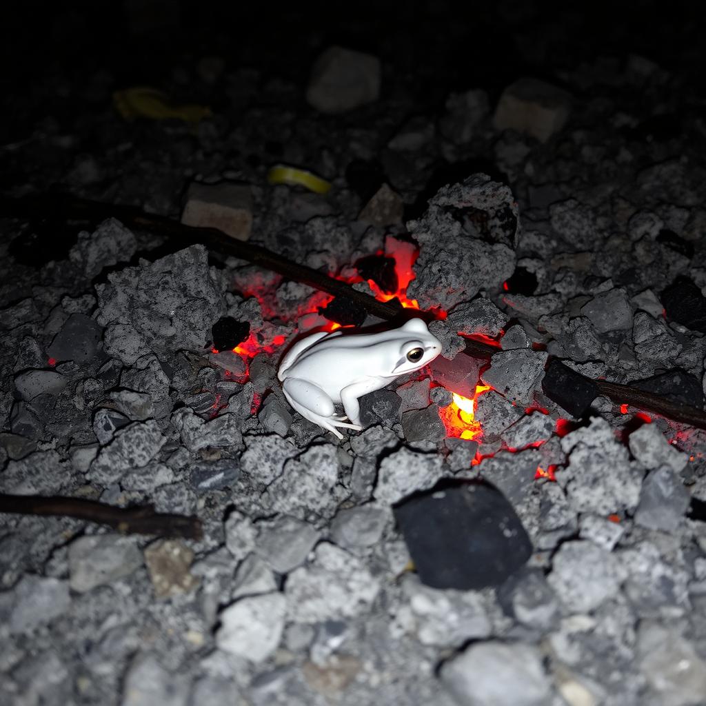 A white-colored frog skillfully camouflaged within the ashes of a dying campfire, the embers glowing softly in the background