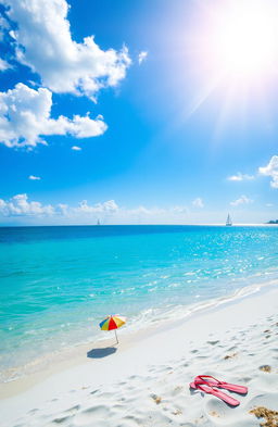 A serene beach scene featuring a calm turquoise sea gently lapping at the soft white sand, with a bright blue sky dotted with fluffy white clouds