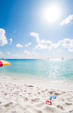 A serene beach scene featuring a calm turquoise sea gently lapping at the soft white sand, with a bright blue sky dotted with fluffy white clouds