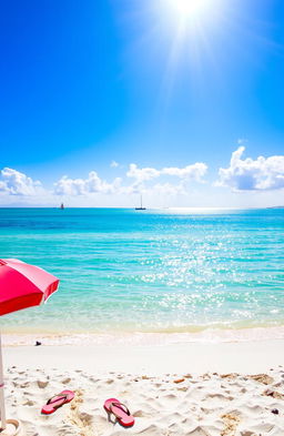 A serene beach scene featuring a calm turquoise sea gently lapping at the soft white sand, with a bright blue sky dotted with fluffy white clouds