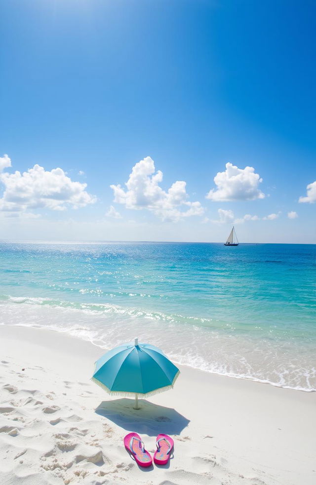 A serene beach scene featuring a calm turquoise sea gently lapping at the soft white sand, with a bright blue sky dotted with fluffy white clouds