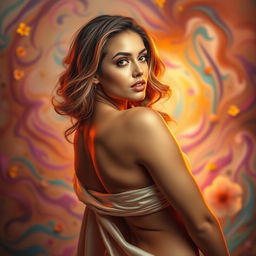 A stunning, alluring woman artfully posed in the midst of a vibrant, abstract background
