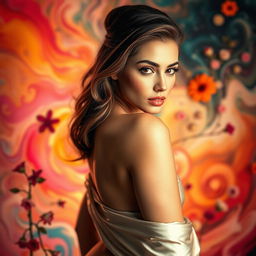 A stunning, alluring woman artfully posed in the midst of a vibrant, abstract background