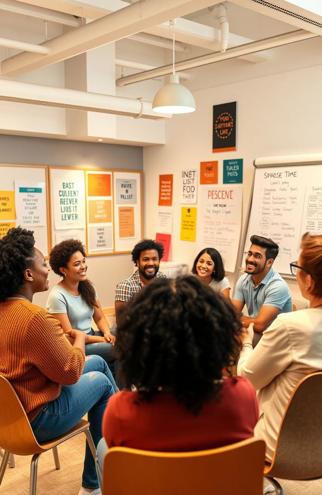 An uplifting and inspiring scene showing a group of diverse people engaged in a motivational workshop, focused on personal development