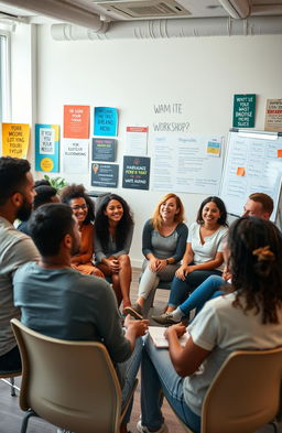 An uplifting and inspiring scene showing a group of diverse people engaged in a motivational workshop, focused on personal development