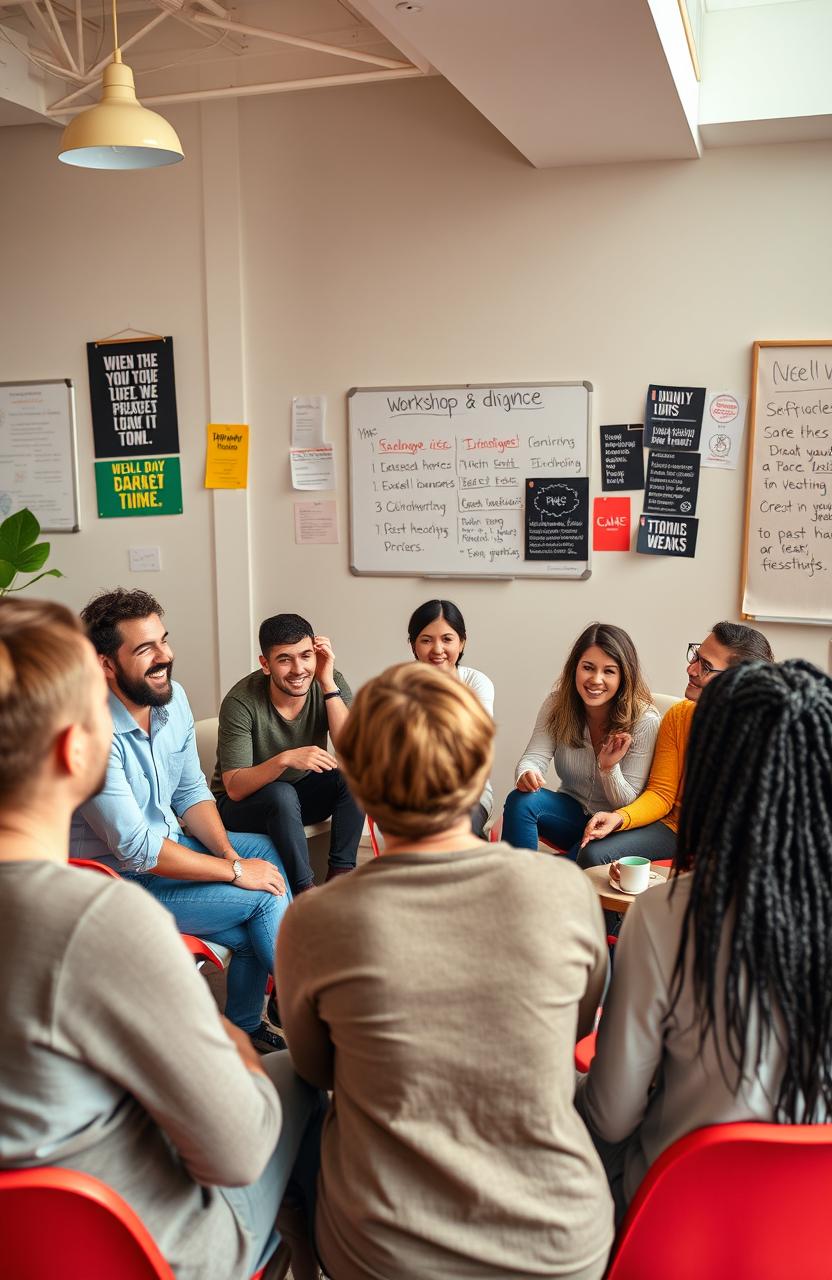 An uplifting and inspiring scene showing a group of diverse people engaged in a motivational workshop, focused on personal development