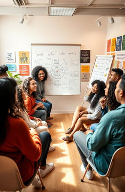An uplifting and inspiring scene showing a group of diverse people engaged in a motivational workshop, focused on personal development