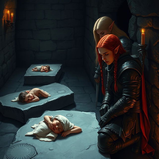 In a fantasy setting, inside a dimly lit church basement at night, three parallel stone slabs hold small, peaceful children asleep, casting soft shadows