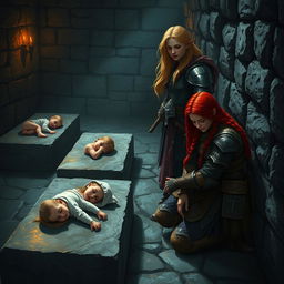 In a fantasy setting, inside a dimly lit church basement at night, three parallel stone slabs hold small, peaceful children asleep, casting soft shadows