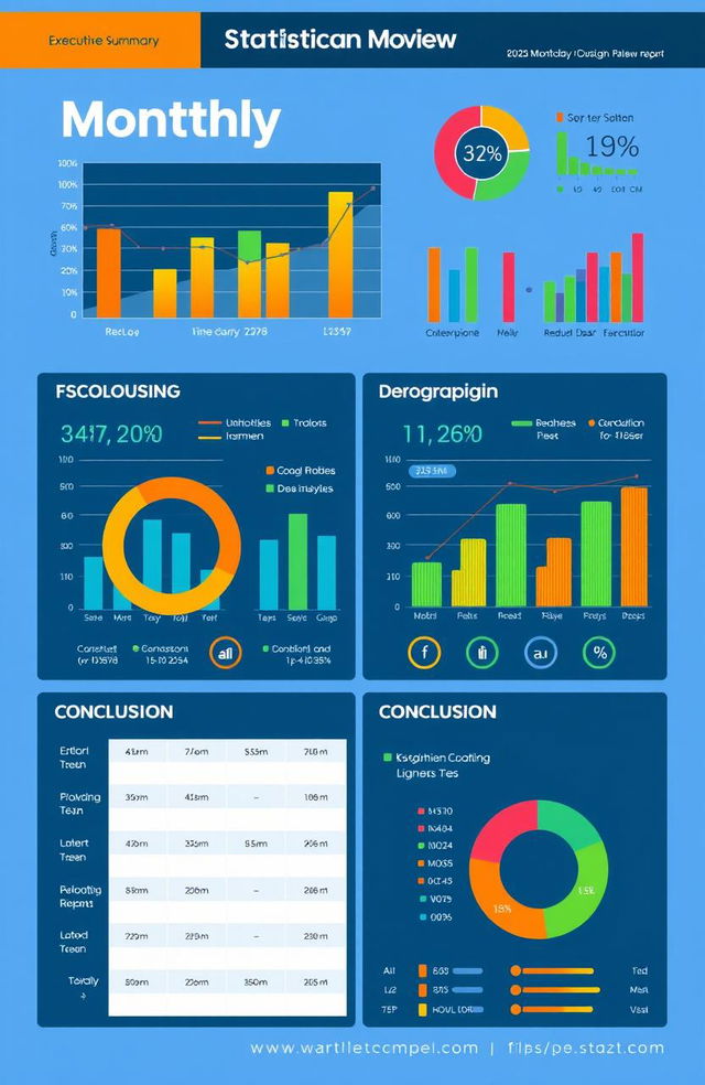 A visually striking and modern monthly statistical review report, featuring colorful graphs, charts, and infographics that display various data points clearly and concisely