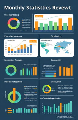 A visually striking and modern monthly statistical review report, featuring colorful graphs, charts, and infographics that display various data points clearly and concisely