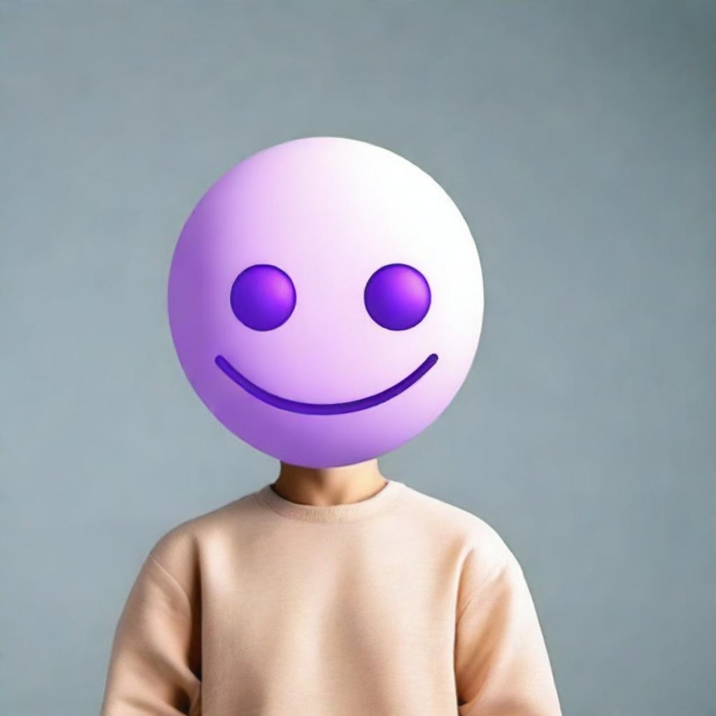 This is a hyper-realistic digital art image featuring a humanoid figure with a head replaced by a vivid purple emoticon