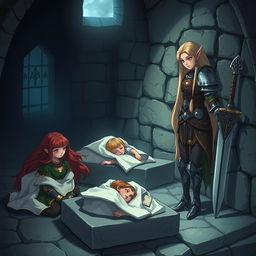 In a dimly lit church basement at night, a fantasy-themed anime style scene unfolds