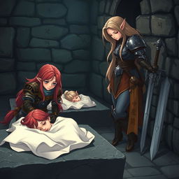 In a dimly lit church basement at night, a fantasy-themed anime style scene unfolds