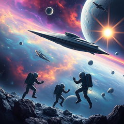 A captivating digital art scene depicting a space exploration theme for a sci-fi book cover, featuring a sleek futuristic spaceship soaring through a vibrant cosmic landscape filled with colorful nebulae, distant stars, and celestial bodies
