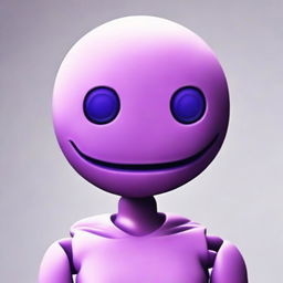 This is a hyper-realistic digital art image featuring a humanoid figure with a head replaced by a vivid purple emoticon