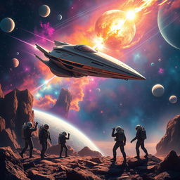 A captivating digital art scene depicting a space exploration theme for a sci-fi book cover, featuring a sleek futuristic spaceship soaring through a vibrant cosmic landscape filled with colorful nebulae, distant stars, and celestial bodies