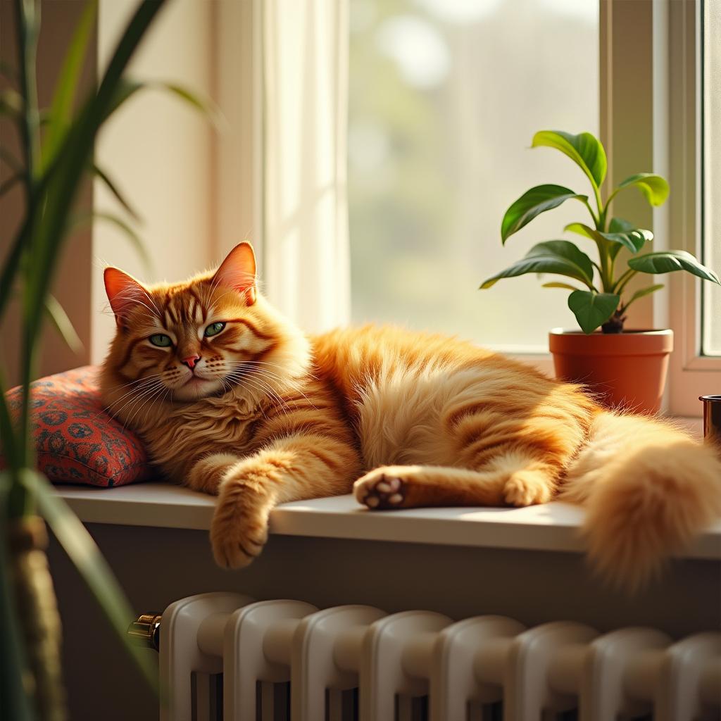 A fluffy orange cat lounging on a sunlit windowsill, enjoying the warmth of the sunlight filtering through sheer curtains