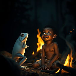 A striking scene of a white frog looking up curiously at a handsome young black boy, illuminated by the warm glow of a dying campfire