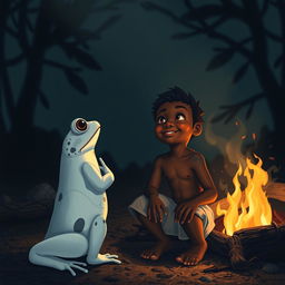 A striking scene of a white frog looking up curiously at a handsome young black boy, illuminated by the warm glow of a dying campfire