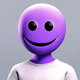 This is a hyper-realistic digital art image featuring a humanoid figure with a head replaced by a vivid purple emoticon