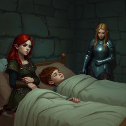 In a dimly lit church basement at night, three children are sleeping peacefully under cozy sheets on a row of three sparse beds
