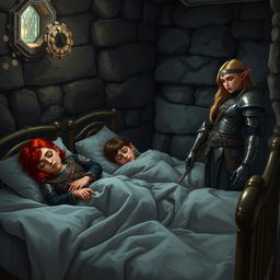 In a dimly lit church basement at night, three children are sleeping peacefully under cozy sheets on a row of three sparse beds