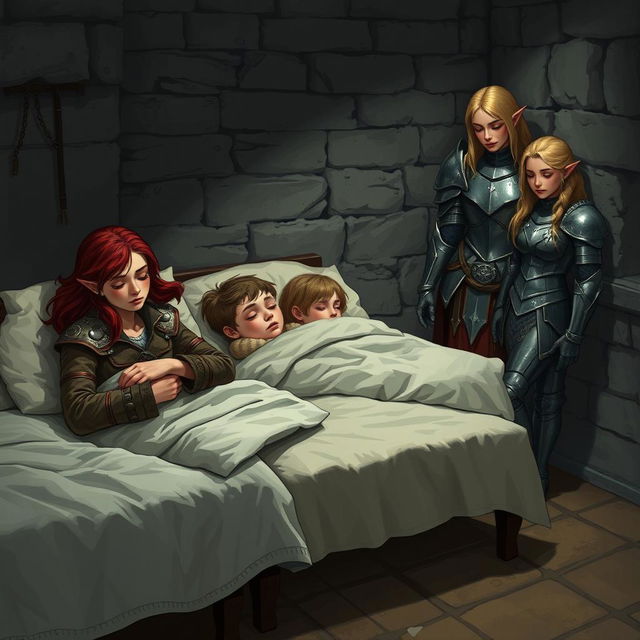 In a dimly lit church basement at night, three children are sleeping peacefully under cozy sheets on a row of three sparse beds