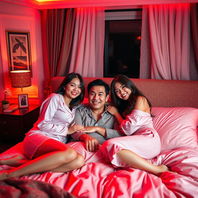 A charming nighttime scene in a beautifully decorated bedroom where a Chinese man is lying down, affectionately hugging two beautiful, sexy women dressed in stylish pajamas