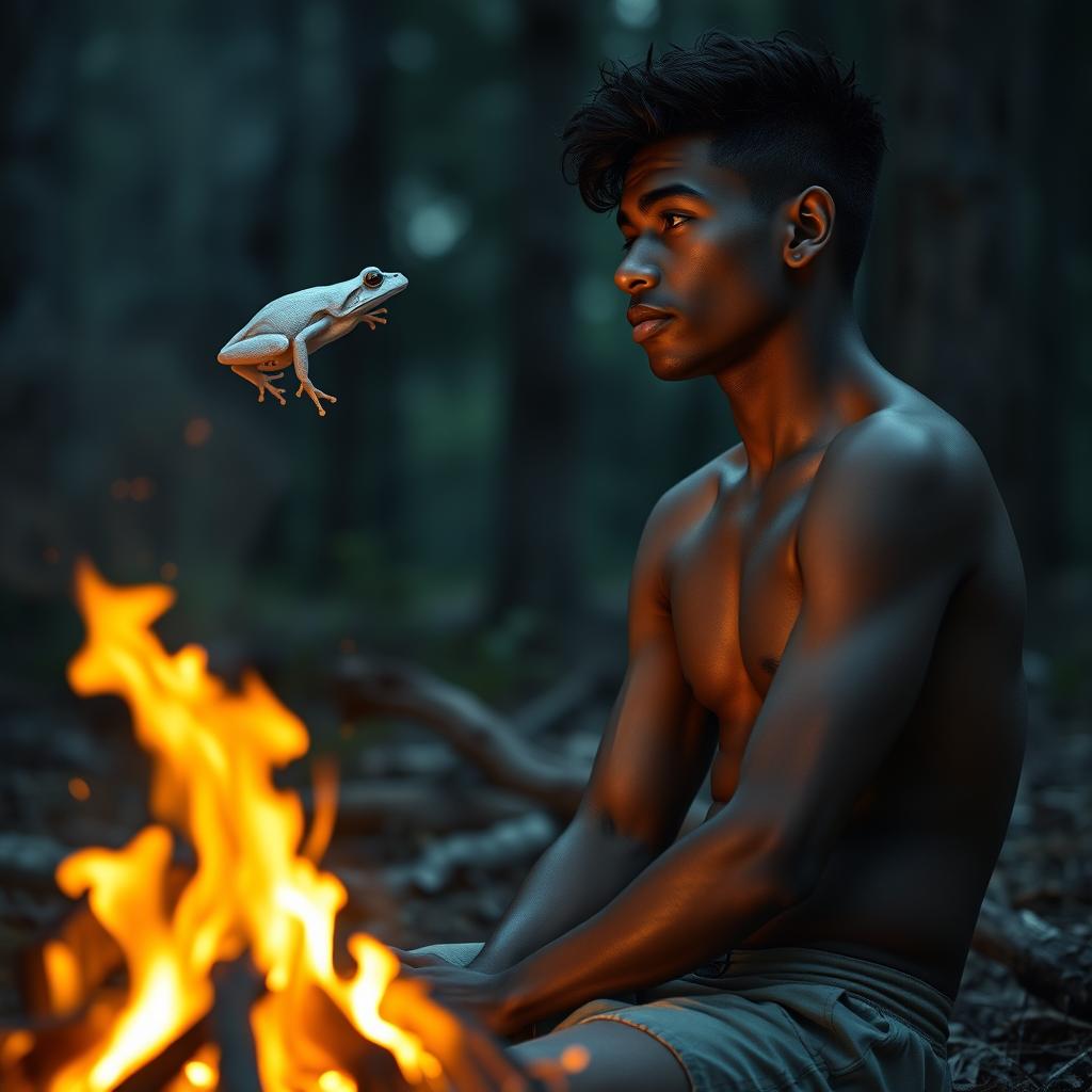 A stunning scene depicting a white frog gazing up at a handsome young teenage black boy near a gently dying campfire