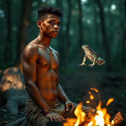 A stunning scene depicting a white frog gazing up at a handsome young teenage black boy near a gently dying campfire