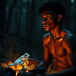 A stunning scene depicting a white frog gazing up at a handsome young teenage black boy near a gently dying campfire