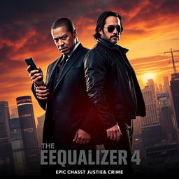 A dramatic movie poster for 'The Equalizer 4', featuring Denzel Washington and Keanu Reeves