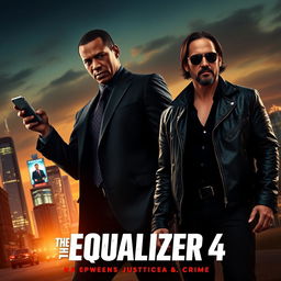 A dramatic movie poster for 'The Equalizer 4', featuring Denzel Washington and Keanu Reeves