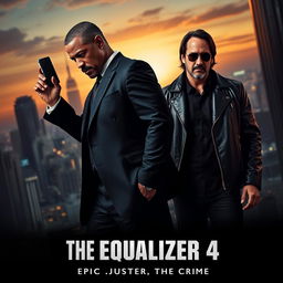 A dramatic movie poster for 'The Equalizer 4', featuring Denzel Washington and Keanu Reeves