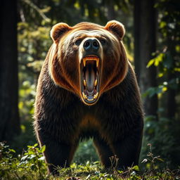 A wild brown bear in a menacing stance, showing its teeth with a fierce expression, standing in a lush forest setting, surrounded by tall trees and underbrush