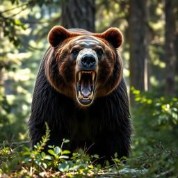 A wild brown bear in a menacing stance, showing its teeth with a fierce expression, standing in a lush forest setting, surrounded by tall trees and underbrush