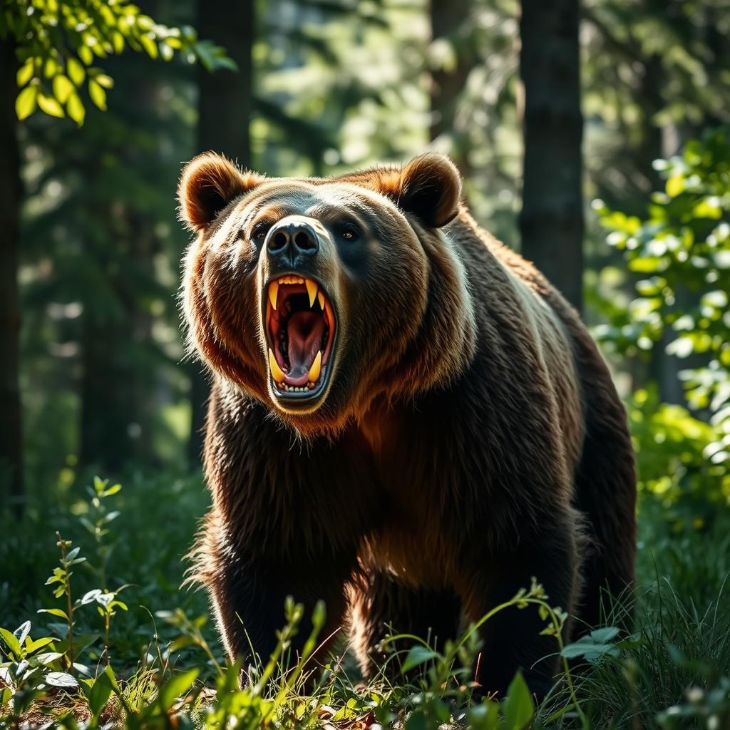 A wild brown bear in a menacing stance, showing its teeth with a fierce expression, standing in a lush forest setting, surrounded by tall trees and underbrush