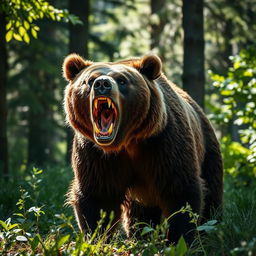 A wild brown bear in a menacing stance, showing its teeth with a fierce expression, standing in a lush forest setting, surrounded by tall trees and underbrush