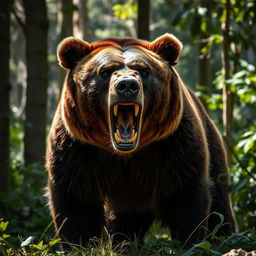 A wild brown bear in a menacing stance, showing its teeth with a fierce expression, standing in a lush forest setting, surrounded by tall trees and underbrush