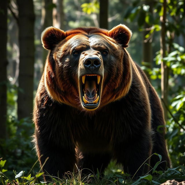 A wild brown bear in a menacing stance, showing its teeth with a fierce expression, standing in a lush forest setting, surrounded by tall trees and underbrush