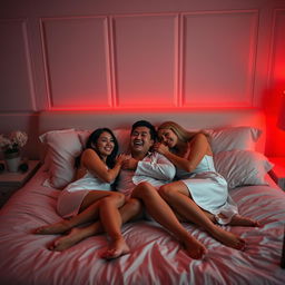 A tranquil nighttime scene in a beautifully decorated bedroom featuring a Chinese man lying comfortably while hugging two stunning, sexy women in stylish pajamas
