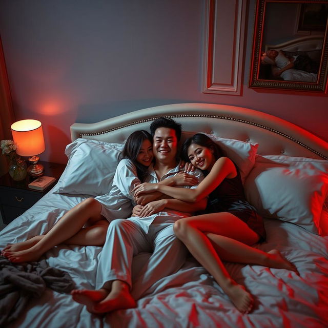 A tranquil nighttime scene in a beautifully decorated bedroom featuring a Chinese man lying comfortably while hugging two stunning, sexy women in stylish pajamas